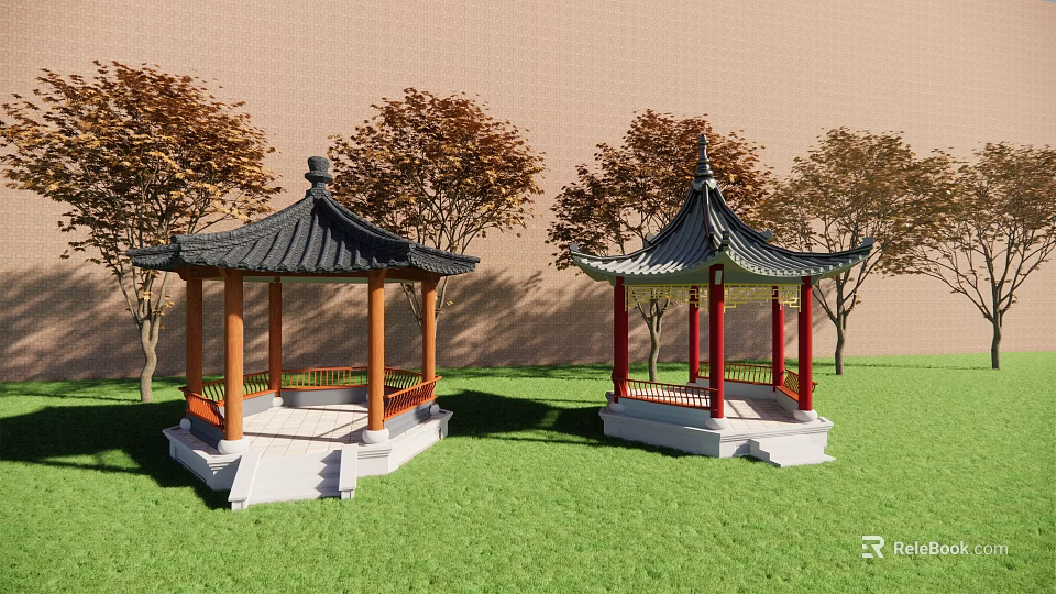 Chinese Style Pavilions With Black Tiled Roofs Red Brown Pillars On Green Grass And Trees 3d model 