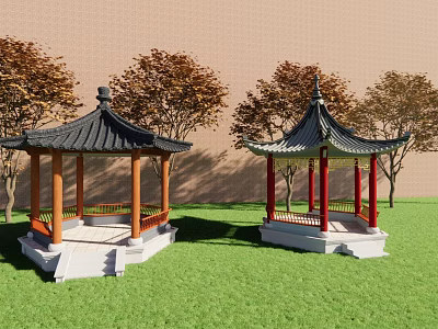 Chinese Style Pavilions With Black Tiled Roofs Red Brown Pillars On Green Grass And Trees 3d model