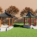 Chinese Style Pavilions With Black Tiled Roofs Red Brown Pillars On Green Grass And Trees