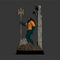 Game Movie Character Statue Holding Trident Standing By Stone Arch With Rock Base