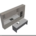 Modern Kitchen Interior With Light Cabinets Dark Island Countertop Herringbone Tile Backsplash And Built-in Oven