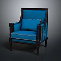 Blue Upholstered Chair With Dark Wood Frame Armrests And Plush Cushion