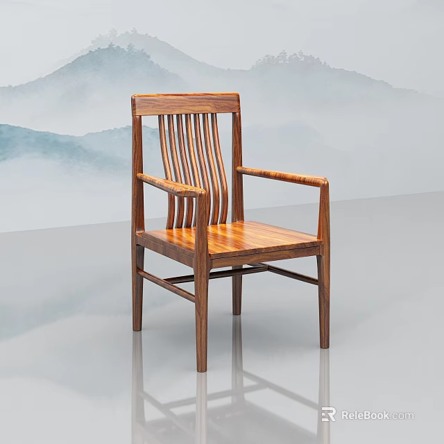 Traditional Chinese Style Wooden Leisure Chair With Armrest And Natural Wood Grain 3d model 