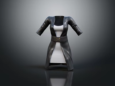 Stylish Black Long Leather Coat With Belt And White Inner Design 3d model