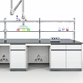 Modern Laboratory Setup With Black Lab Bench Colorful Reagent Bottles And Shelves