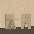 Modern Minimalist Wooden Dining Chairs With Geometric Structure Against Wooden Wall