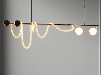 Modern Chandelier With Curved Neon Lights And Circular Bulbs For Interior Decor 3d model