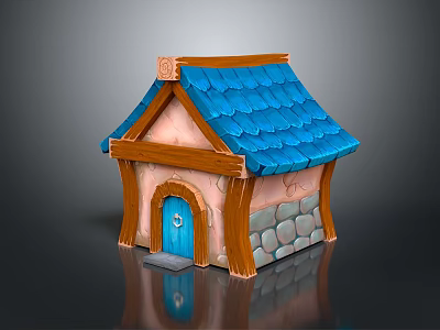 Cartoon House Scene With Blue Roof Pink Walls Wooden Frame Stone Accents And Blue Door 3d model