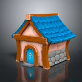 Cartoon House Scene With Blue Roof Pink Walls Wooden Frame Stone Accents And Blue Door
