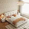 Double Bed with White Upholstered Headboard Floral Wallpaper Nightstand and Table Lamp in Bright Bedroom