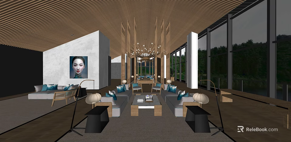 Elegant Hotel Public Lounge Interior With Modern Design Comfortable Sofas Chandelier And Large Windows 3d model