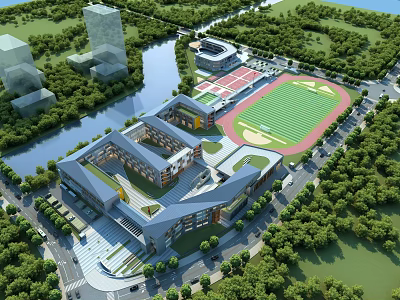 Modern School Building Design With River Green Spaces And Sports Field 3d model