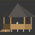 Modern Wooden Gazebo With Conical Tile Roof Platform And Person Standing Inside