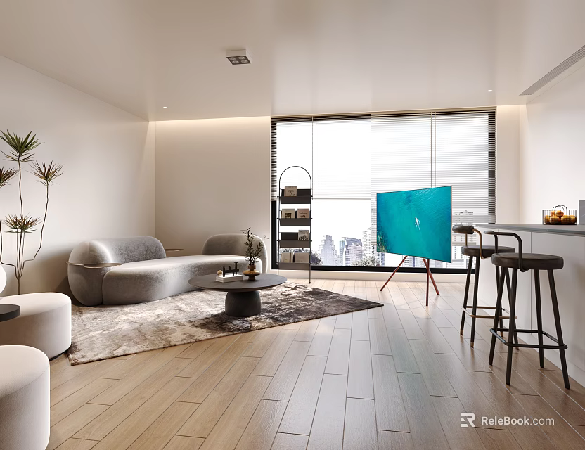 Modern Living Room Interior With Gray Sofa Coffee Table Floor TV Large Window Wooden Floor 3d model 