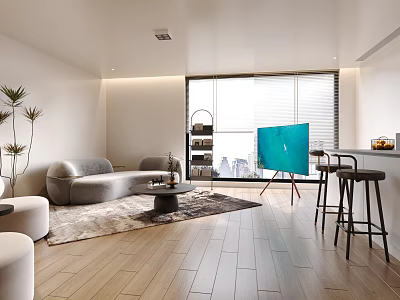Modern Living Room Interior With Gray Sofa Coffee Table Floor TV Large Window Wooden Floor 3d model