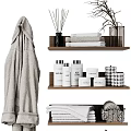 Washroom Daily Essentials With Bathrobes Towels Toiletries Shelves Trash Bin And Laundry Basket