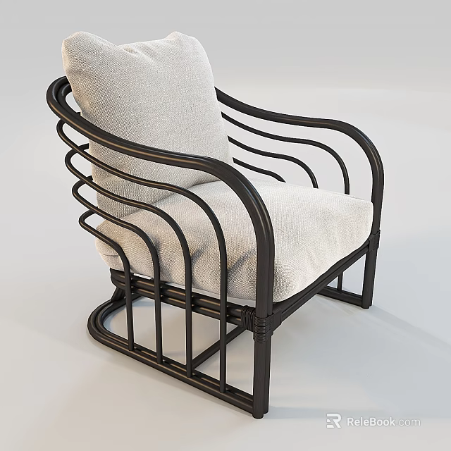 Modern Leisure Chair With Curved Black Metal Frame And Light Gray Cushion 3d model 