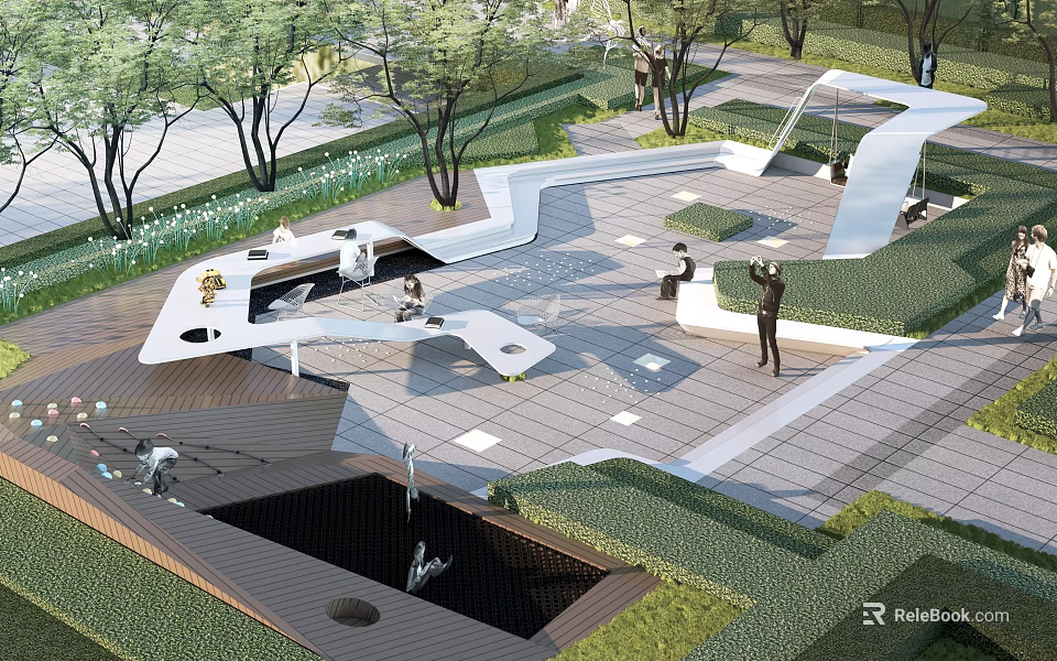 Modern Park Landscape Featuring White Structures Open Space Stone Paved Ground Green Vegetation and Trees 3d model 