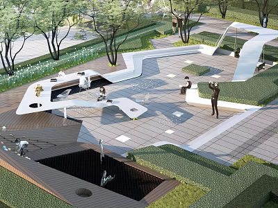 Modern Park Landscape Featuring White Structures Open Space Stone Paved Ground Green Vegetation and Trees 3d model