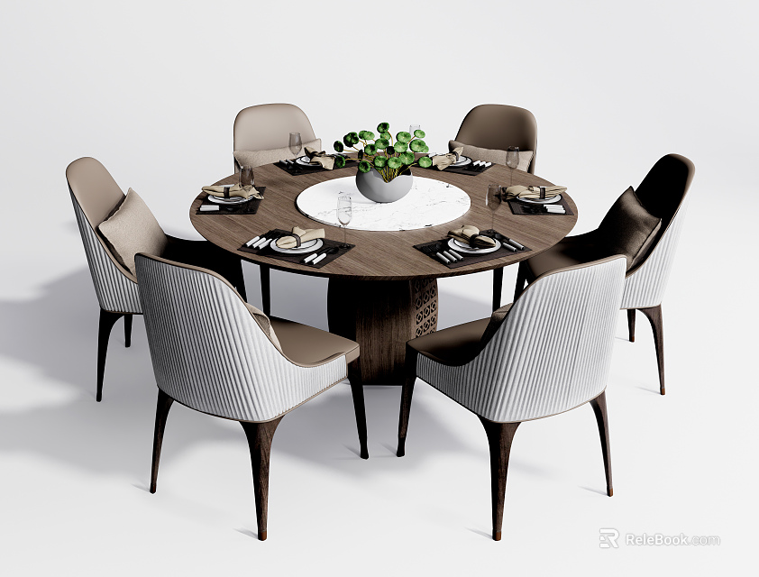 Modern Round Dining Table Set With Six Textured Chairs And Green Plant Centerpiece 3d model 