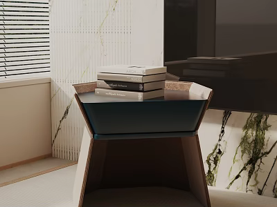 Modern Side Table With Wooden Frame And Stacked Books Against Marble Wall 3d model
