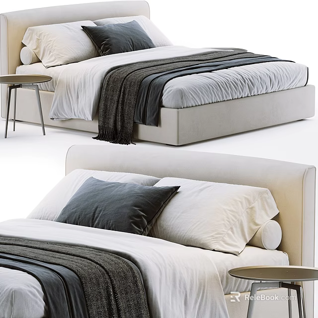 Modern Double Bed With Beige Headboard White Gray Pillows And Gray Throw Blanket 3d model 