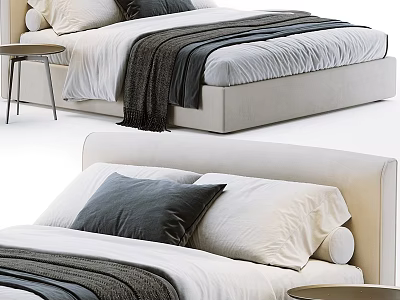 Modern Double Bed With Beige Headboard White Gray Pillows And Gray Throw Blanket 3d model