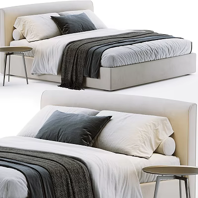 Modern Double Bed With Beige Headboard White Gray Pillows And Gray Throw Blanket 3d model