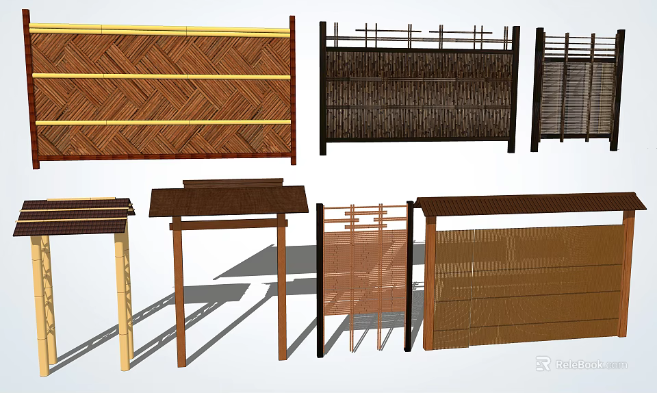 Various Wooden and Woven Fence Designs for Outdoor Decorative Applications 3d model 