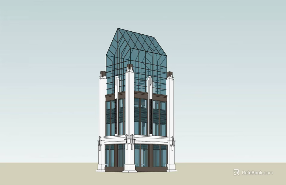 Modern Glass Tower with White Columns Multiple Windows and Contemporary Design 3d model