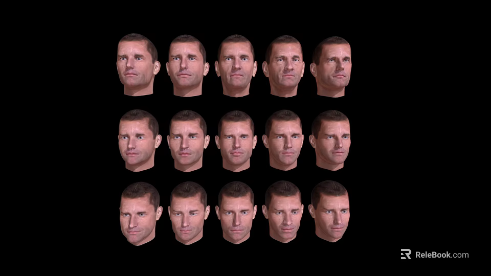 Male Facial Expressions Collection Featuring Multiple Angles On Black Background 3d model 