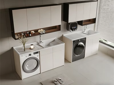 Modern Balcony Laundry Cabinet With Washing Machine Sink And Storage Shelves 3d model