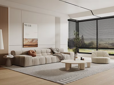 Modern Minimalist Living Room With Light Beige Sofa Round Coffee Table And Green Plant 3d model