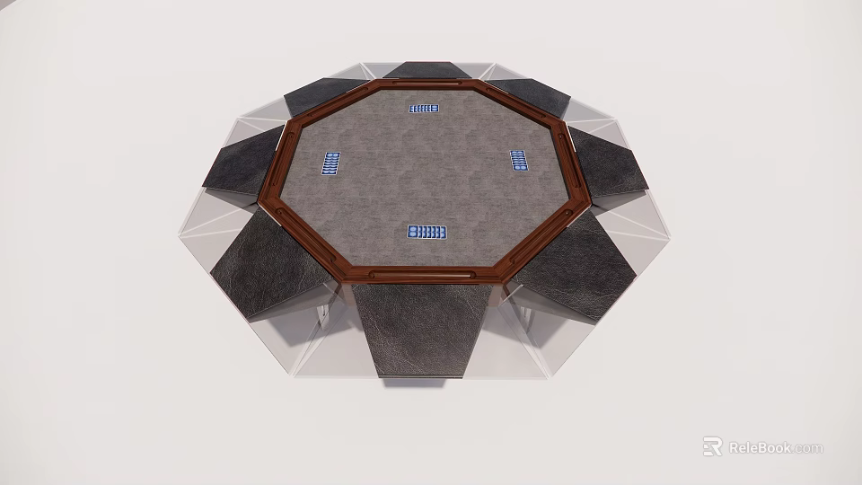 Octagonal Entertainment Table with Wooden Edge Gray Surface and Surrounding Seats Blue Game Markers 3d model 