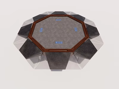 Octagonal Entertainment Table with Wooden Edge Gray Surface and Surrounding Seats Blue Game Markers 3d model