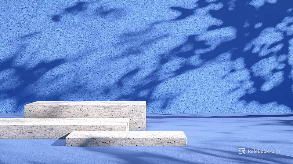 White Stepped Display Shelves on Blue Background with Floor Shadows and Wall Leaf Shadows 3d model