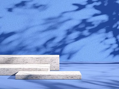 White Stepped Display Shelves on Blue Background with Floor Shadows and Wall Leaf Shadows 3d model