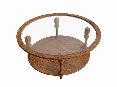 Round Coffee Table Featuring Glass Top And Oak Wooden Frame Base 3d model