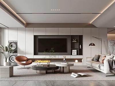 Modern Living Room Interior With Large TV Fireplace Sofa Armchair And Coffee Table 3d model