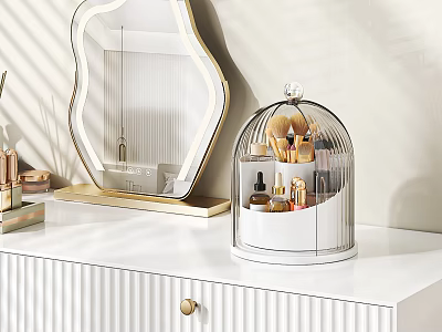 Modern White Dressing Table With Gold Knob Drawers Decorative Mirror And Glass Cloche Organizer 3d model