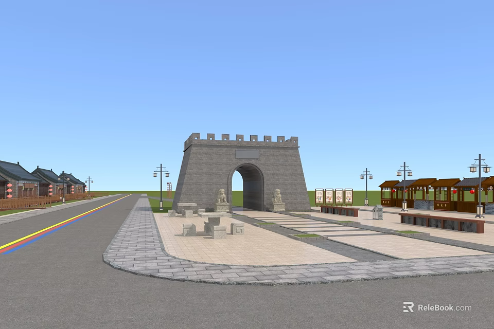 Ancient City Gate By Road With Street Lamps Stone Benches Vintage Tram And Blue Sky 3d model 