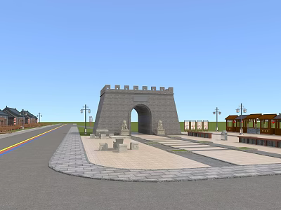 Ancient City Gate By Road With Street Lamps Stone Benches Vintage Tram And Blue Sky 3d model