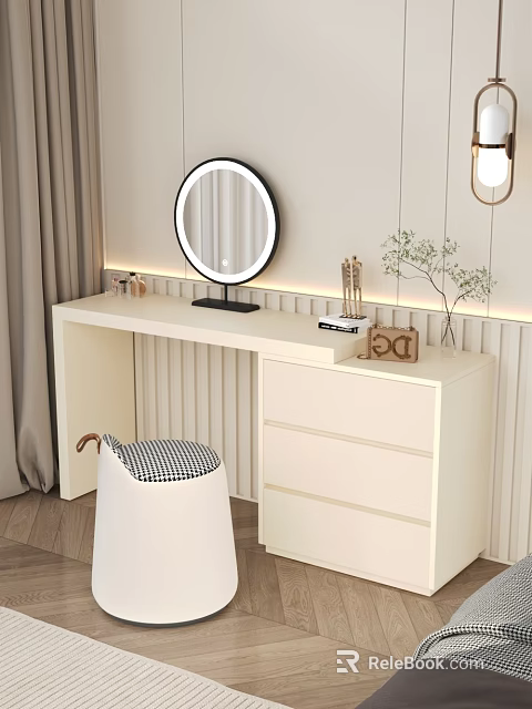 Stylish White Dressing Table With Round Mirror Drawers Stool And Decorations 3d model 
