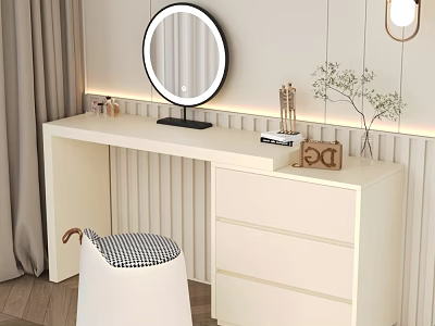Stylish White Dressing Table With Round Mirror Drawers Stool And Decorations 3d model