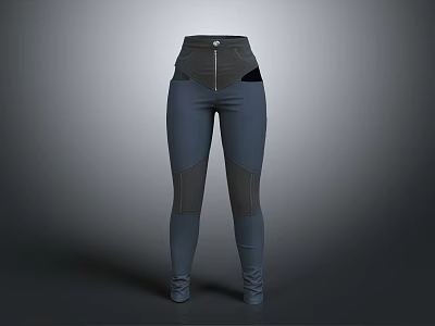 High Waisted Dark Slim Fit Pants With Zipper Detail And Panel Design 3d model