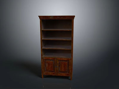 Vintage Wooden Bookshelf With Multiple Shelves And Bottom Cabinet Doors 3d model