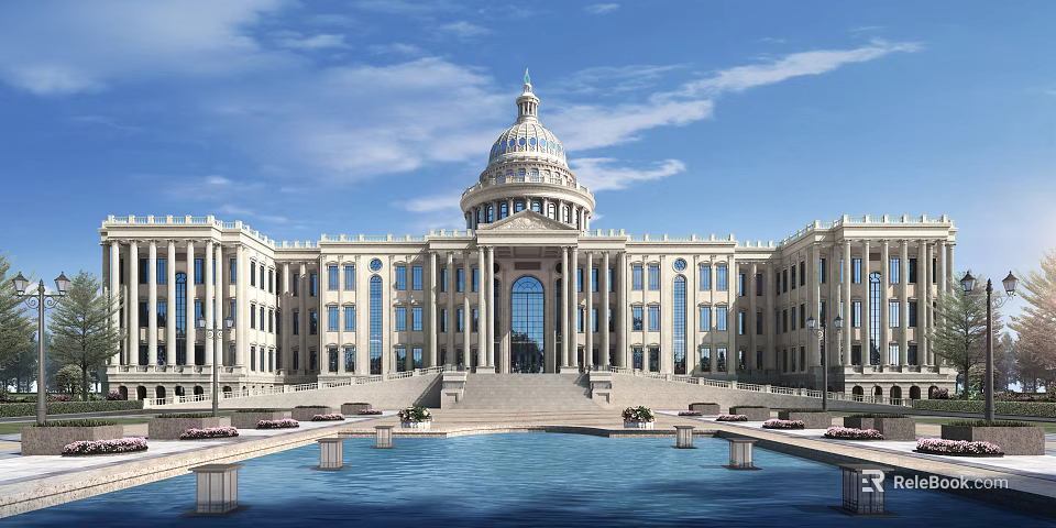 Grand European Architecture With Dome And Pool In Front Of Blue Sky 3d model 