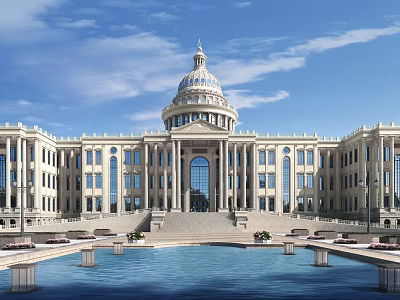 Grand European Architecture With Dome And Pool In Front Of Blue Sky 3d model