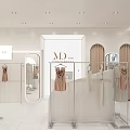 Modern Mall Clothing Counter With Stylish Hanging Clothes Metal Racks And Bright Lighting