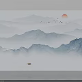 Serene Background Wall Featuring Chinese Landscape Painting Distant Mountains Red Sun Flying Birds Small Boat